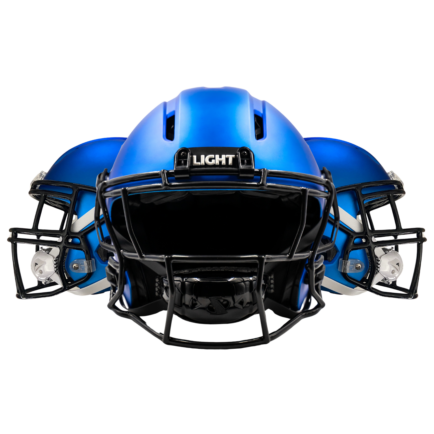3 different views of a blue LIGHT Gladiator football helmet with a black facemask and black LIGHT Helmets bumper